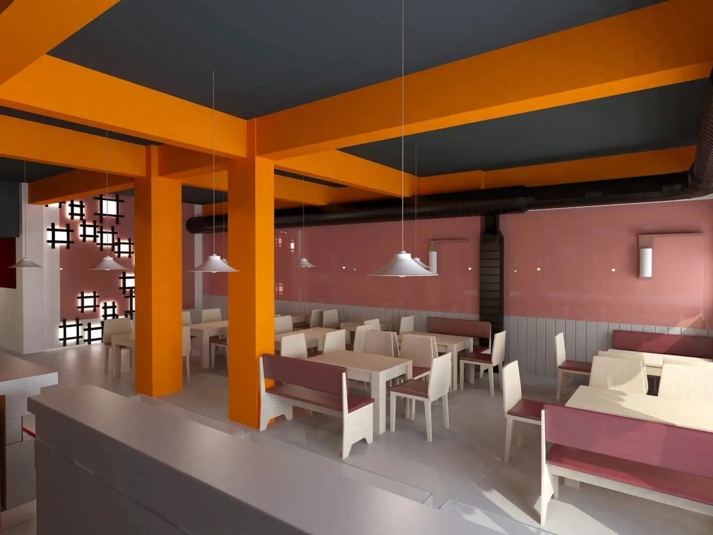 A 3d rendering of a restaurant with orange walls.